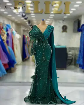 ערבית ניצוץ טורקיז קריסטלים חרוזים בתולת ים אלגנטי שמלות ערב לנשים 2023 דובאי רשמית Maxi שמלות עם הגלימה